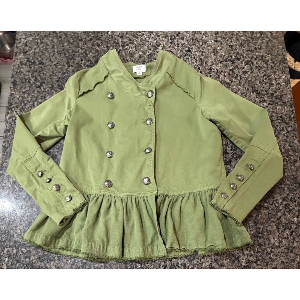 Crown & Ivy Women Olive Green Peplum Military Jacket Silver Crest Button Medium